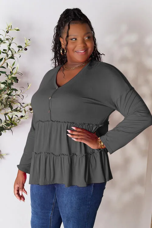 Ali Half Button Long Sleeve Ruffle Hem Blouse
