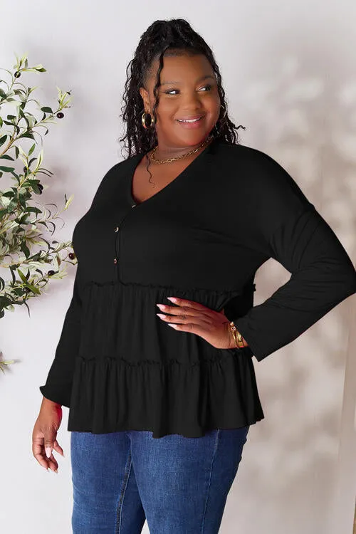 Ali Half Button Long Sleeve Ruffle Hem Blouse
