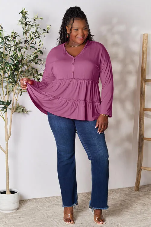 Ali Half Button Long Sleeve Ruffle Hem Blouse