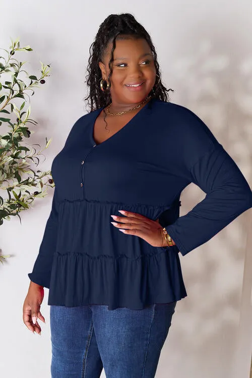 Ali Half Button Long Sleeve Ruffle Hem Blouse