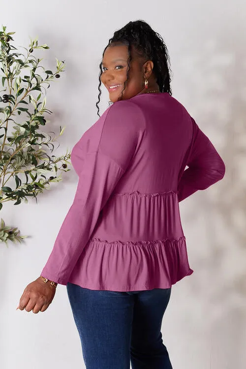 Ali Half Button Long Sleeve Ruffle Hem Blouse