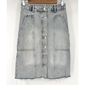 AllSaints Womens Bonnie Denim Midi Skirt Size US 0 Pockets Fringe Knee Length