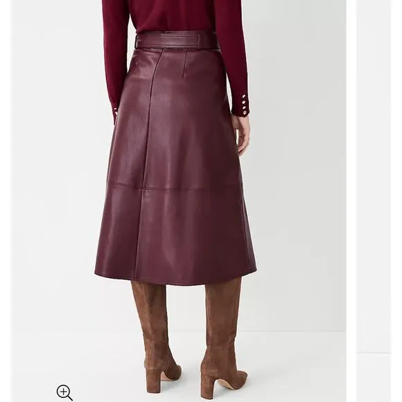 Ann Taylor Seamed Faux Leather Tie Waist Midi Skirt office school size 14
