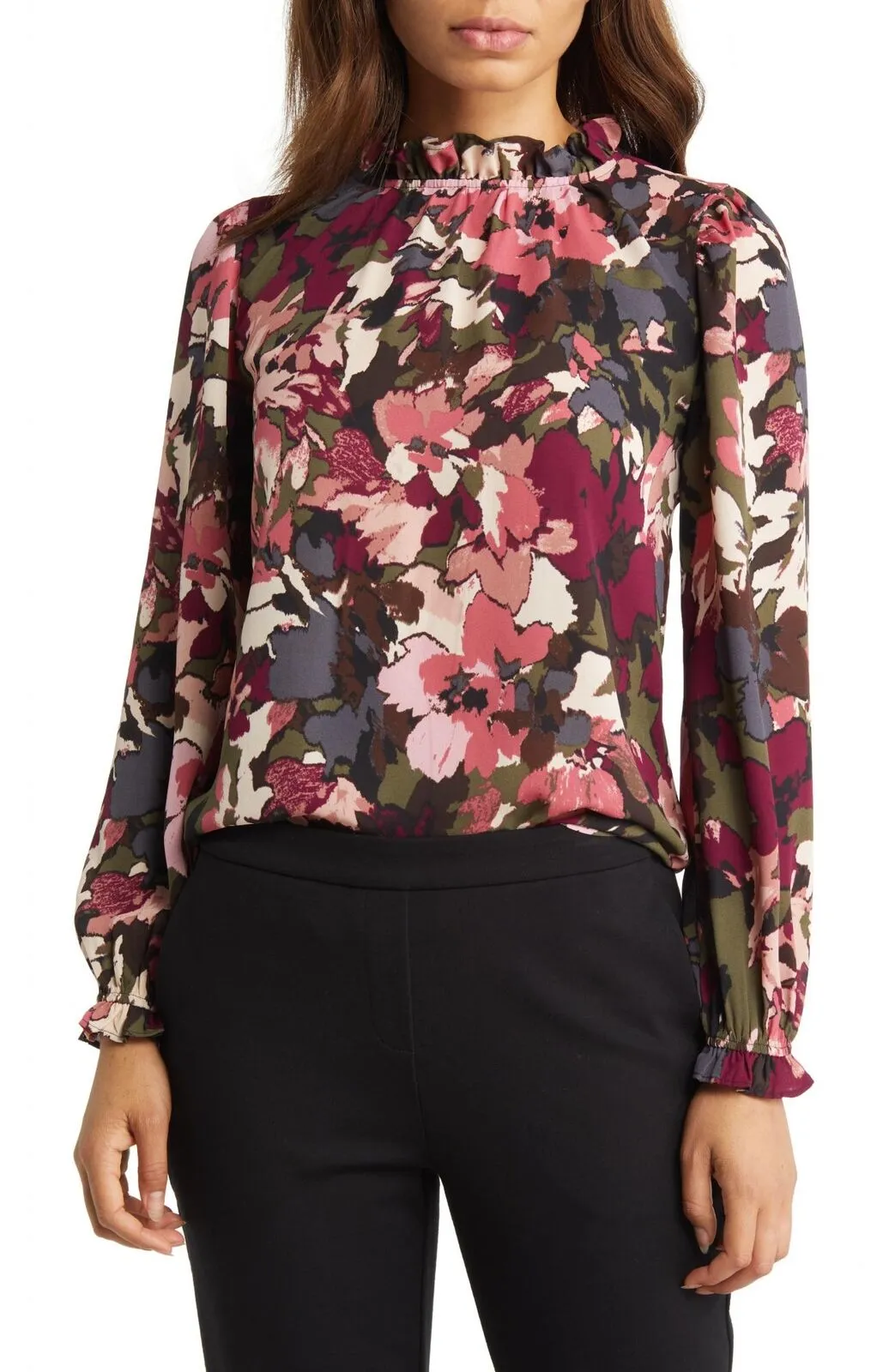 Anne Klein Women's Floral Ruffle Neck Blouse 10851753