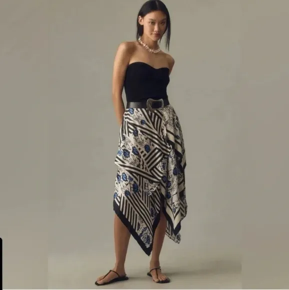 Anthropologie Maeve Women's Floral Silky Asymmetrical Midi Skirt Size S