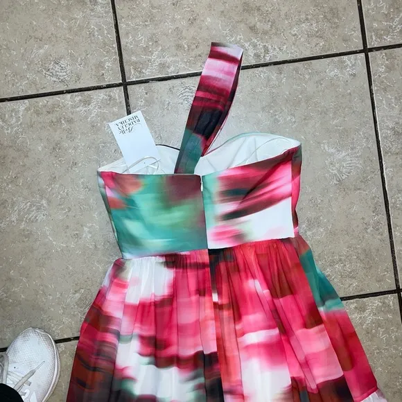 Badgley Mischka Pink Green White One Shoulder Strap Midi Dress NWT Ladies 2
