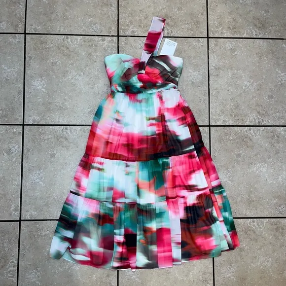 Badgley Mischka Pink Green White One Shoulder Strap Midi Dress NWT Ladies 2