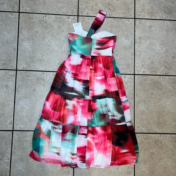 Badgley Mischka Pink Green White One Shoulder Strap Midi Dress NWT Ladies 2