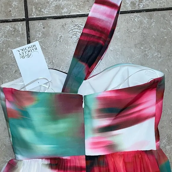 Badgley Mischka Pink Green White One Shoulder Strap Midi Dress NWT Ladies 2