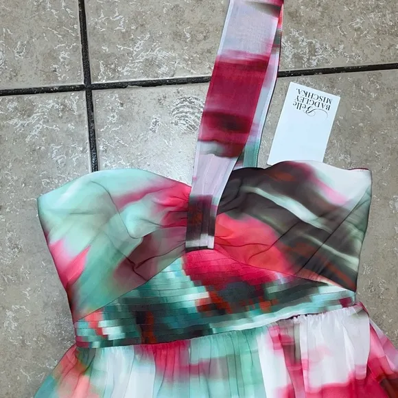 Badgley Mischka Pink Green White One Shoulder Strap Midi Dress NWT Ladies 2