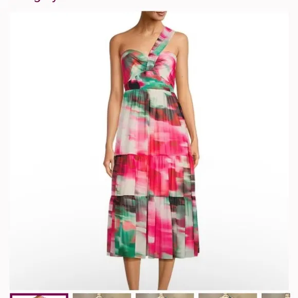 Badgley Mischka Pink Green White One Shoulder Strap Midi Dress NWT Ladies 2