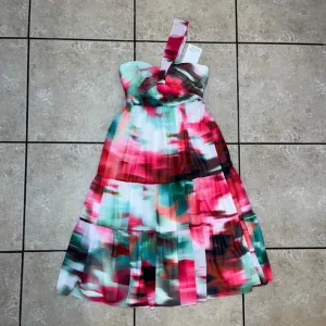 Badgley Mischka Pink Green White One Shoulder Strap Midi Dress NWT Ladies 2