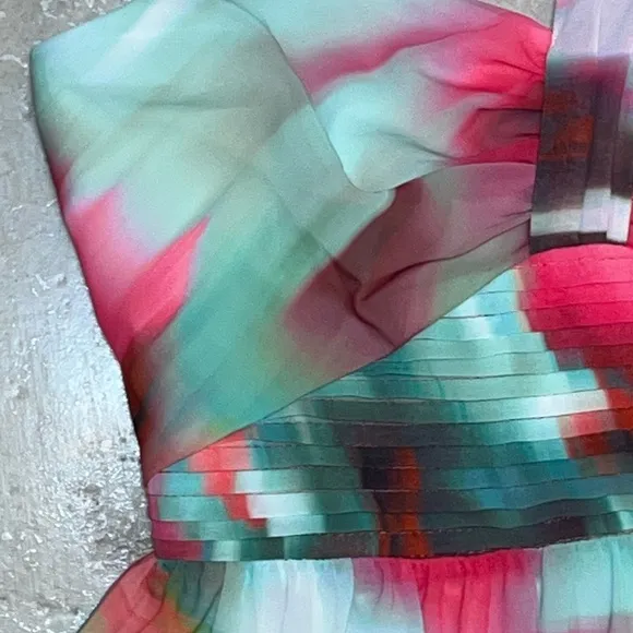 Badgley Mischka Pink Green White One Shoulder Strap Midi Dress NWT Ladies 2