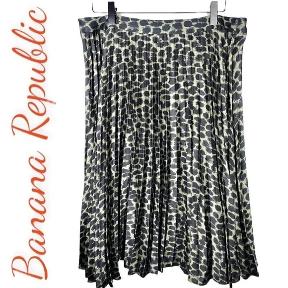 BANANA REPUBLIC Satin Pleated Cheetah Animal Print Midi Skirt, Size 12P