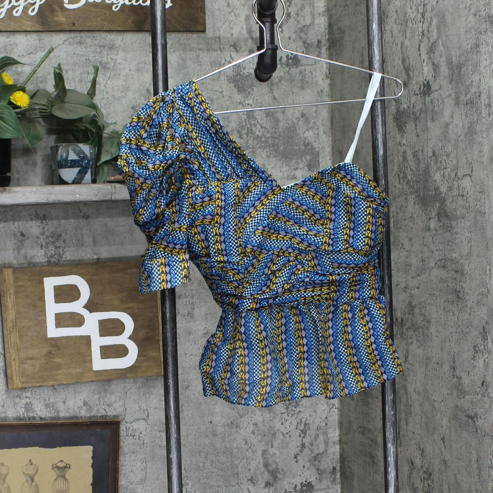 Bcbgmaxazria BCBG Women Striped Pyramid One Shoulder Top Caribbean Blue XS
