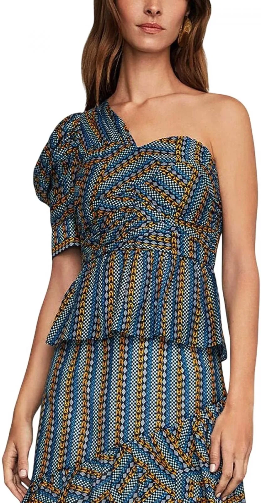 Bcbgmaxazria BCBG Women Striped Pyramid One Shoulder Top Caribbean Blue XS