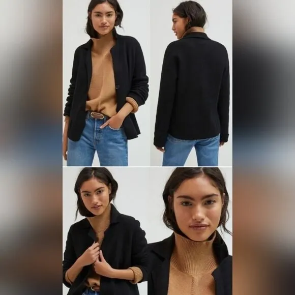 Black Anthropologie Wool Blend Button Front Long Sleeve Sweater Blazer (NWT)