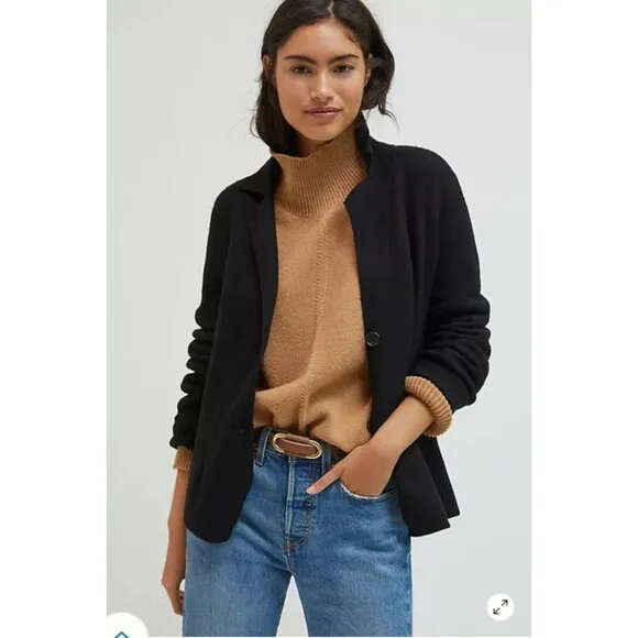 Black Anthropologie Wool Blend Button Front Long Sleeve Sweater Blazer (NWT)