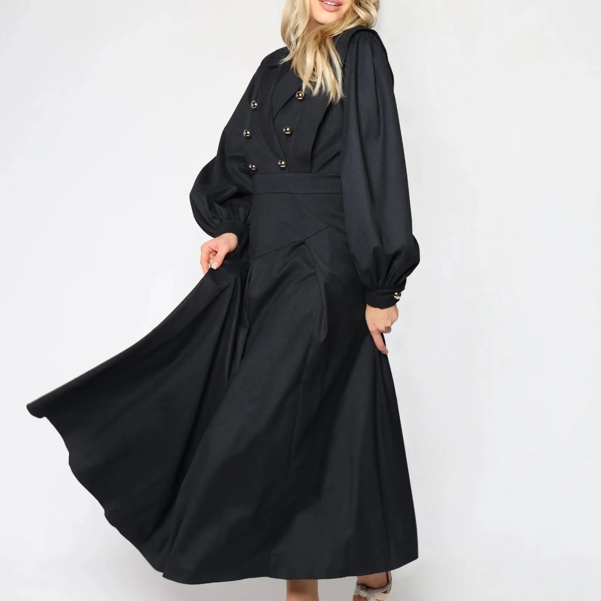 Black Blouson Sleeves Women's Maxi Dress