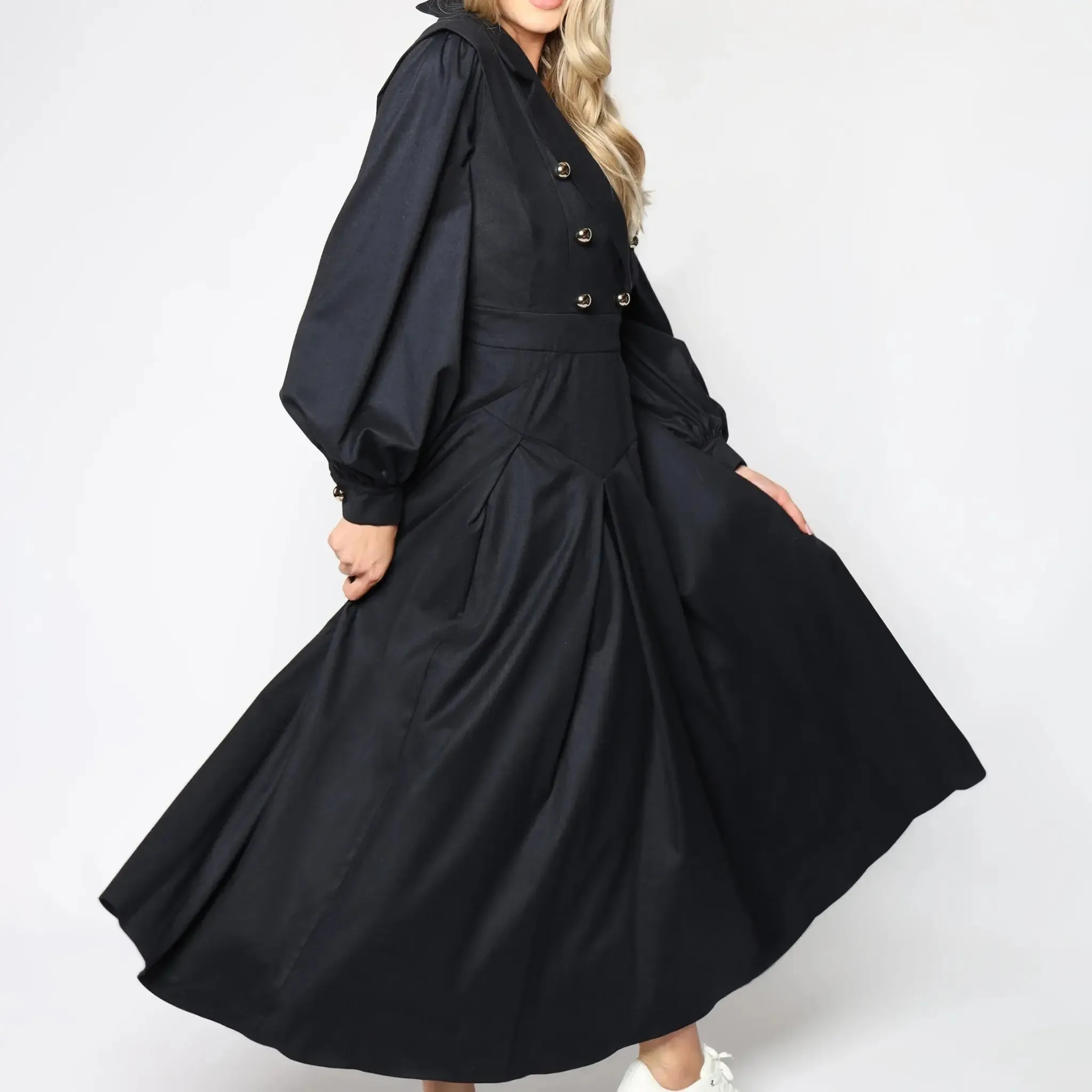 Black Blouson Sleeves Women's Maxi Dress