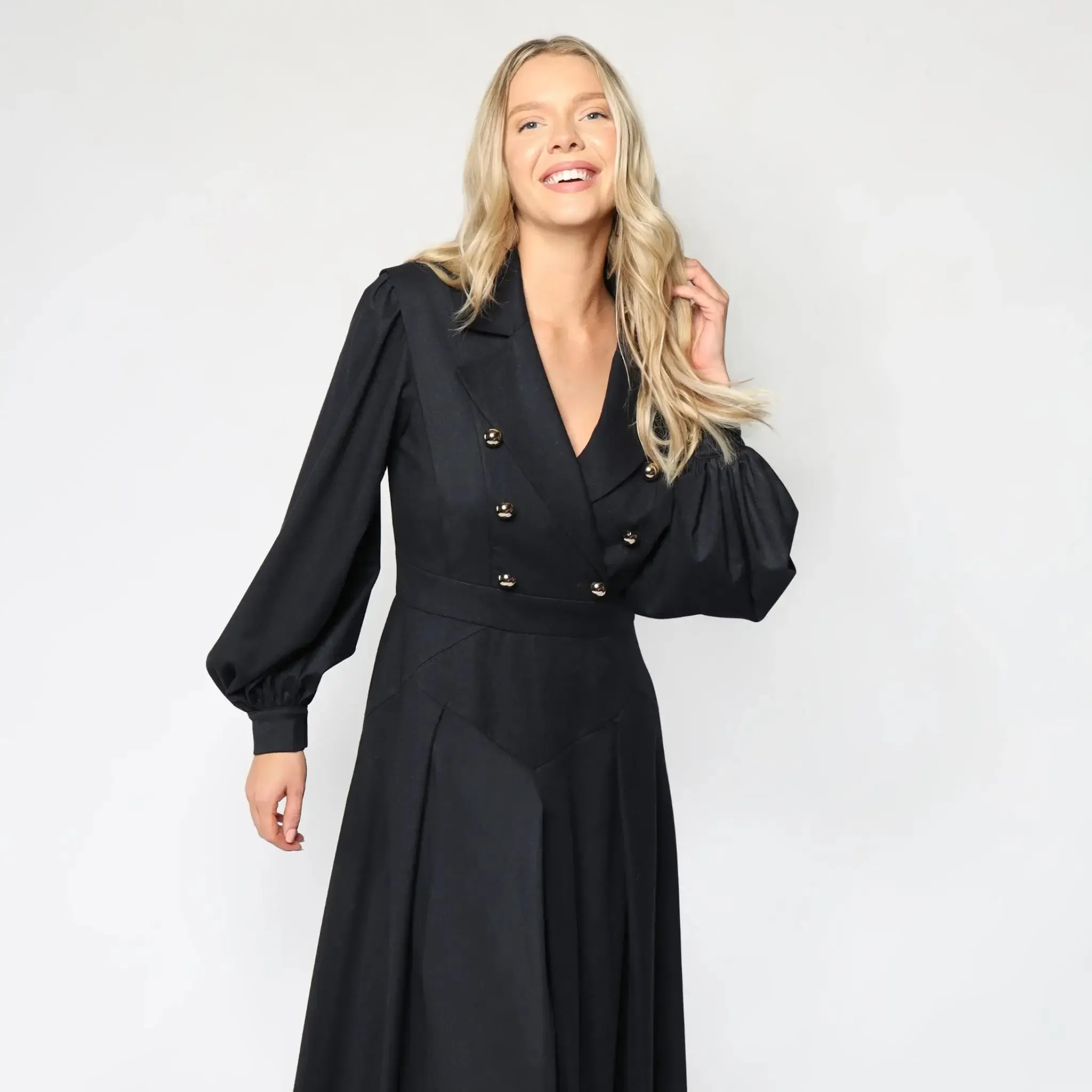 Black Blouson Sleeves Women's Maxi Dress