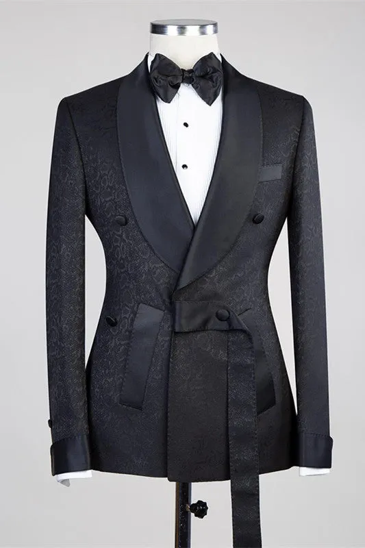 Black Double Breasted Shawl Lapel Jacuqard Wedding Suit