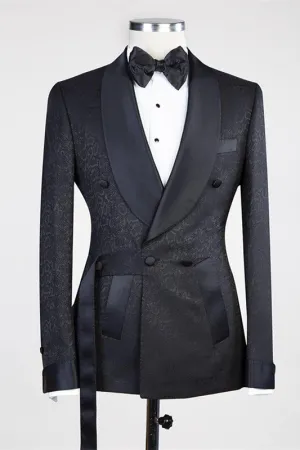 Black Double Breasted Shawl Lapel Jacuqard Wedding Suit