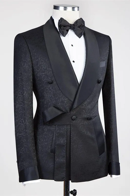 Black Double Breasted Shawl Lapel Jacuqard Wedding Suit