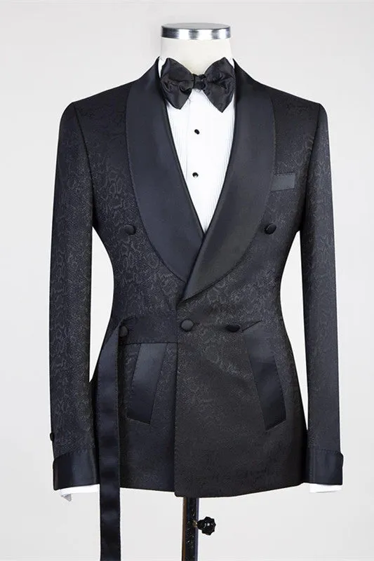 Black Double Breasted Shawl Lapel Jacuqard Wedding Suit