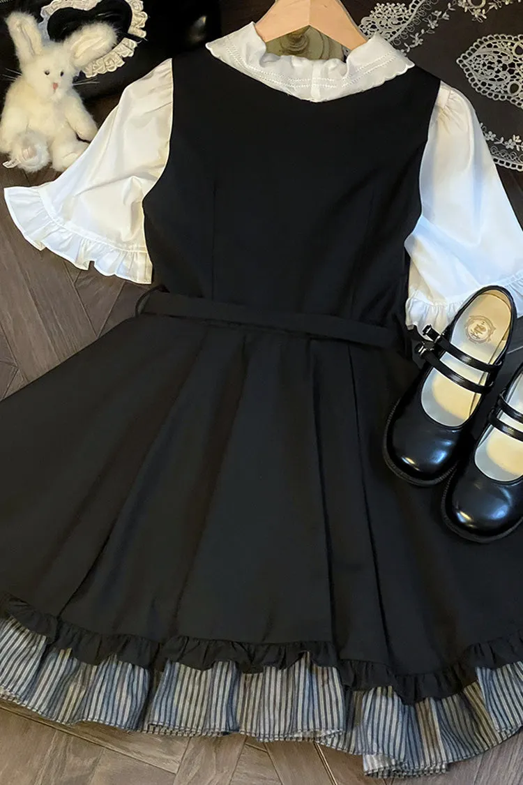 Black Ruffle Bowknot College Style Gothic Lolita Strap Dress