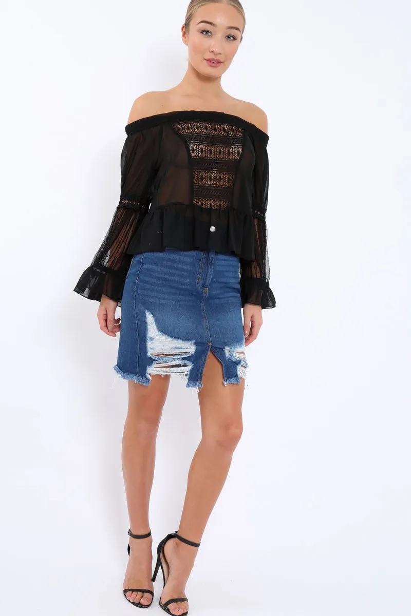 Black Sheer Bardot Blouse - Rosey