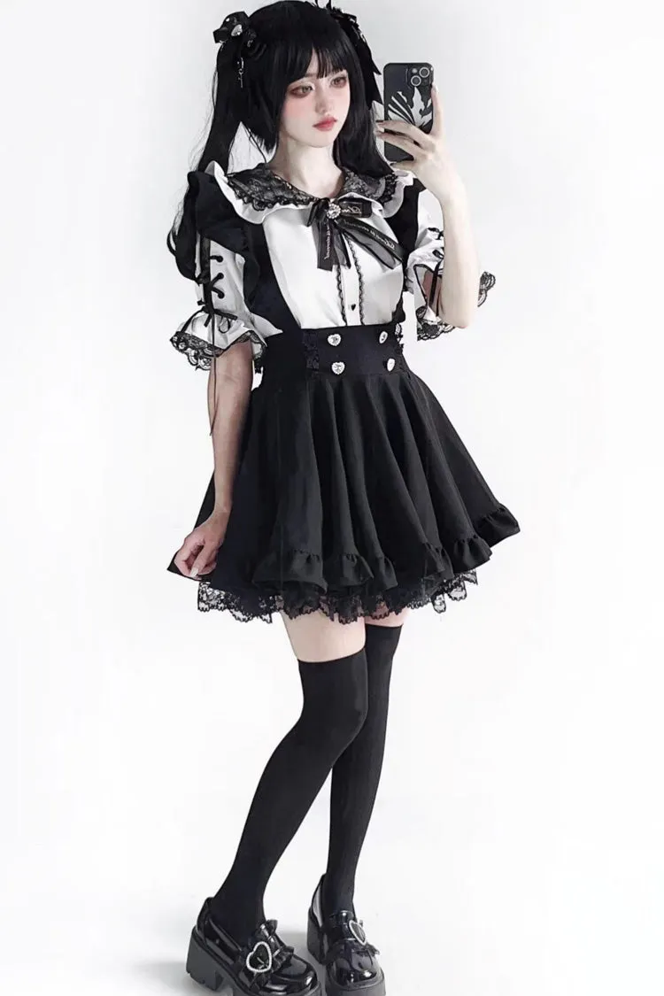 Black Solid Color Ruffle Lace Jirai Kei Japanese Strap Dress