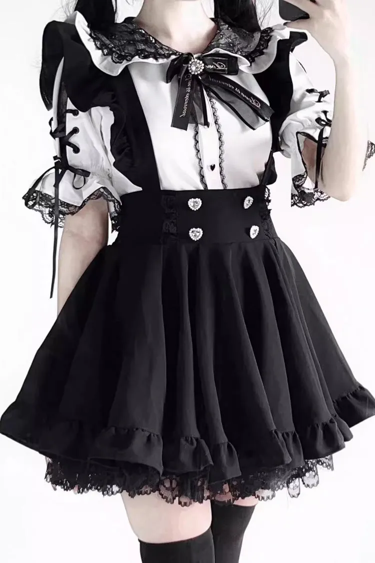 Black Solid Color Ruffle Lace Jirai Kei Japanese Strap Dress