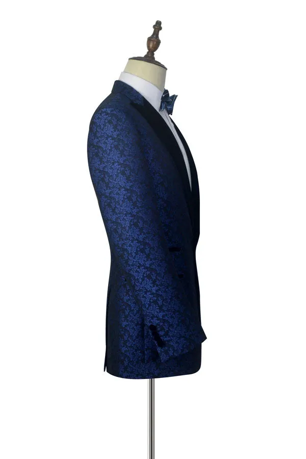Blue Floral Patter Tuxedos for Marriage Black Velvet Peak Collar Marriage Suits