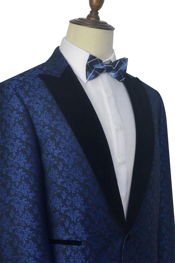 Blue Floral Patter Tuxedos for Wedding Black Velvet Peak Collar Prom Suits