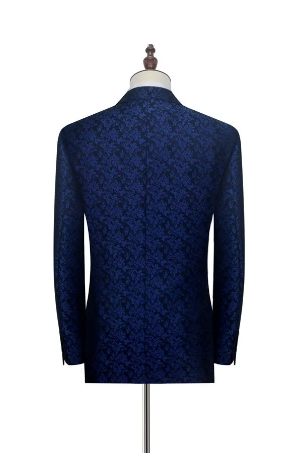 Blue Floral Patter Tuxedos for Wedding Black Velvet Peak Collar Prom Suits