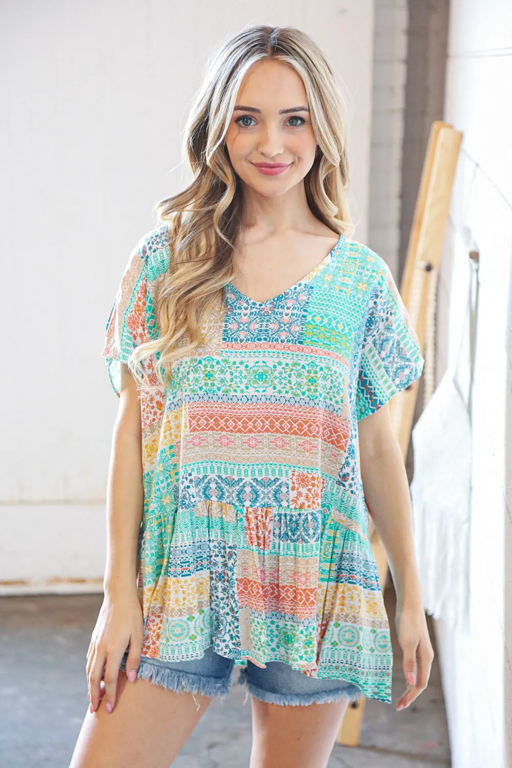 Boho Patchwork Print Rayon Challis V Neck Blouse