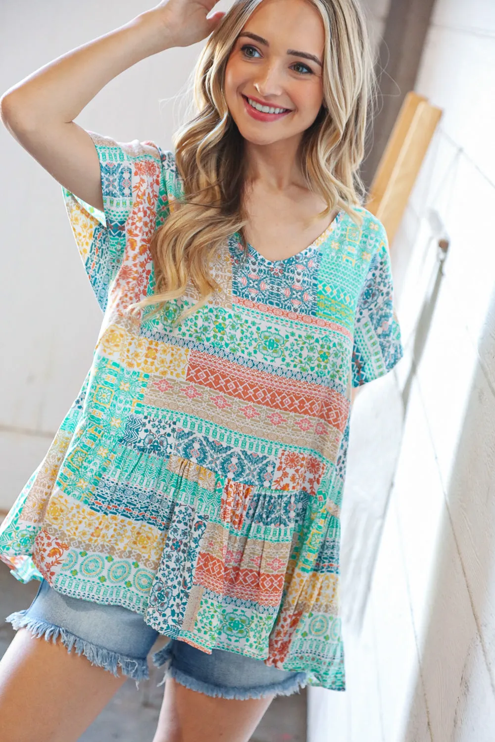 Boho Patchwork Print Rayon Challis V Neck Blouse