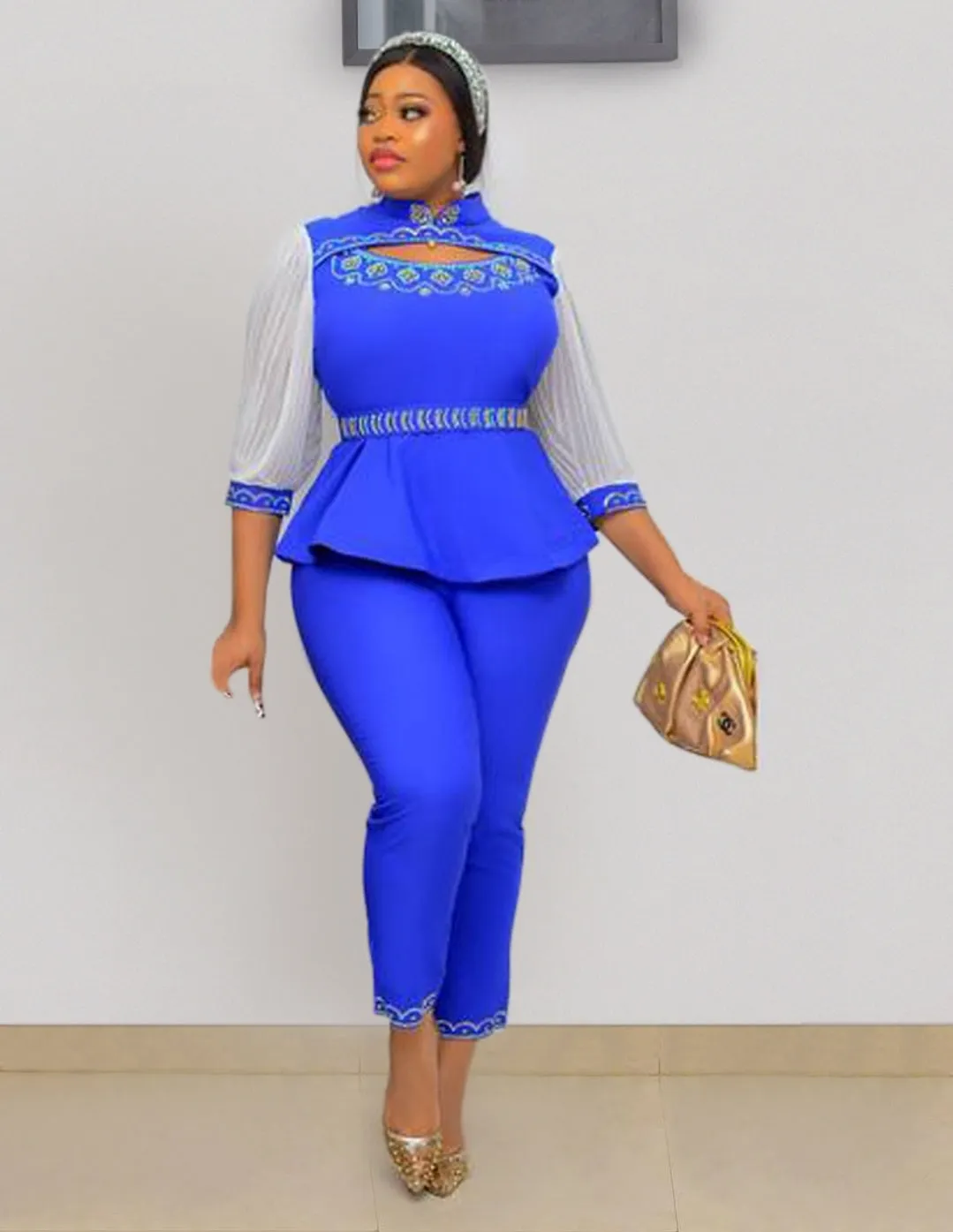 Briana Embellished- 3pcs Gemstone Blouse/Belt/Pant Set (NEW!)