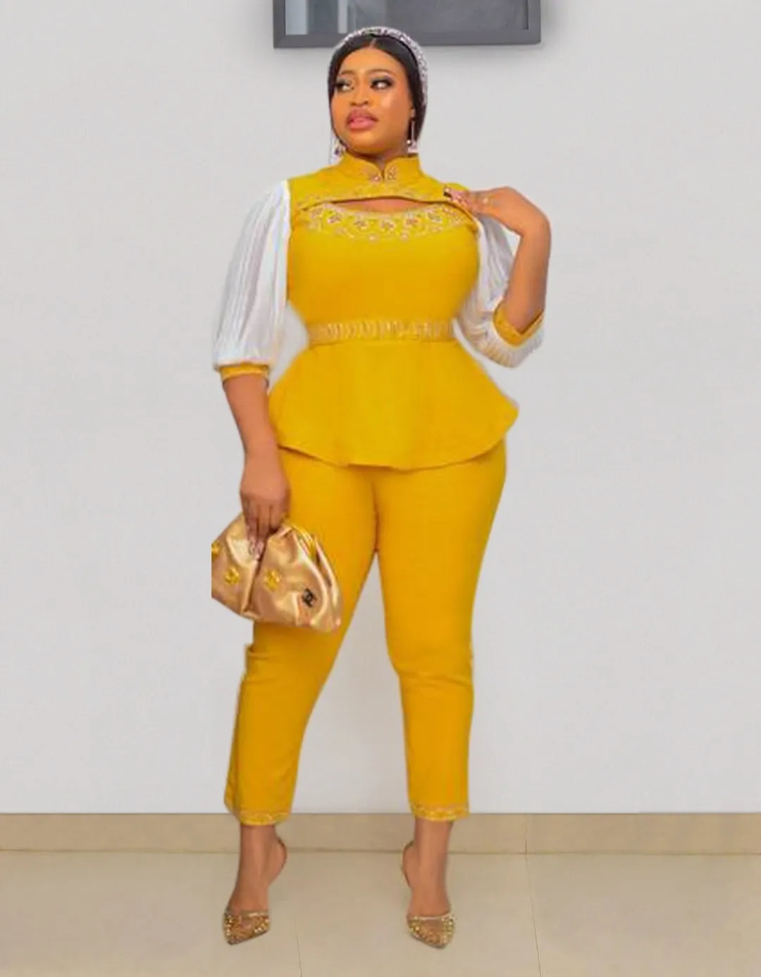 Briana Embellished- 3pcs Gemstone Blouse/Belt/Pant Set (NEW!)