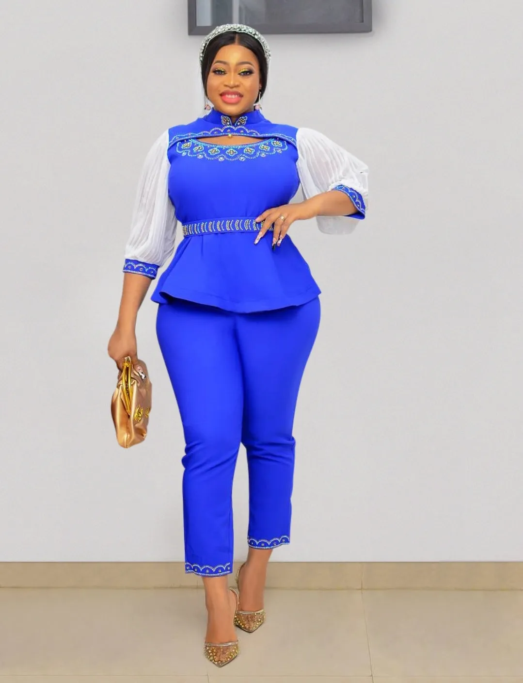 Briana Embellished- 3pcs Gemstone Blouse/Belt/Pant Set (NEW!)