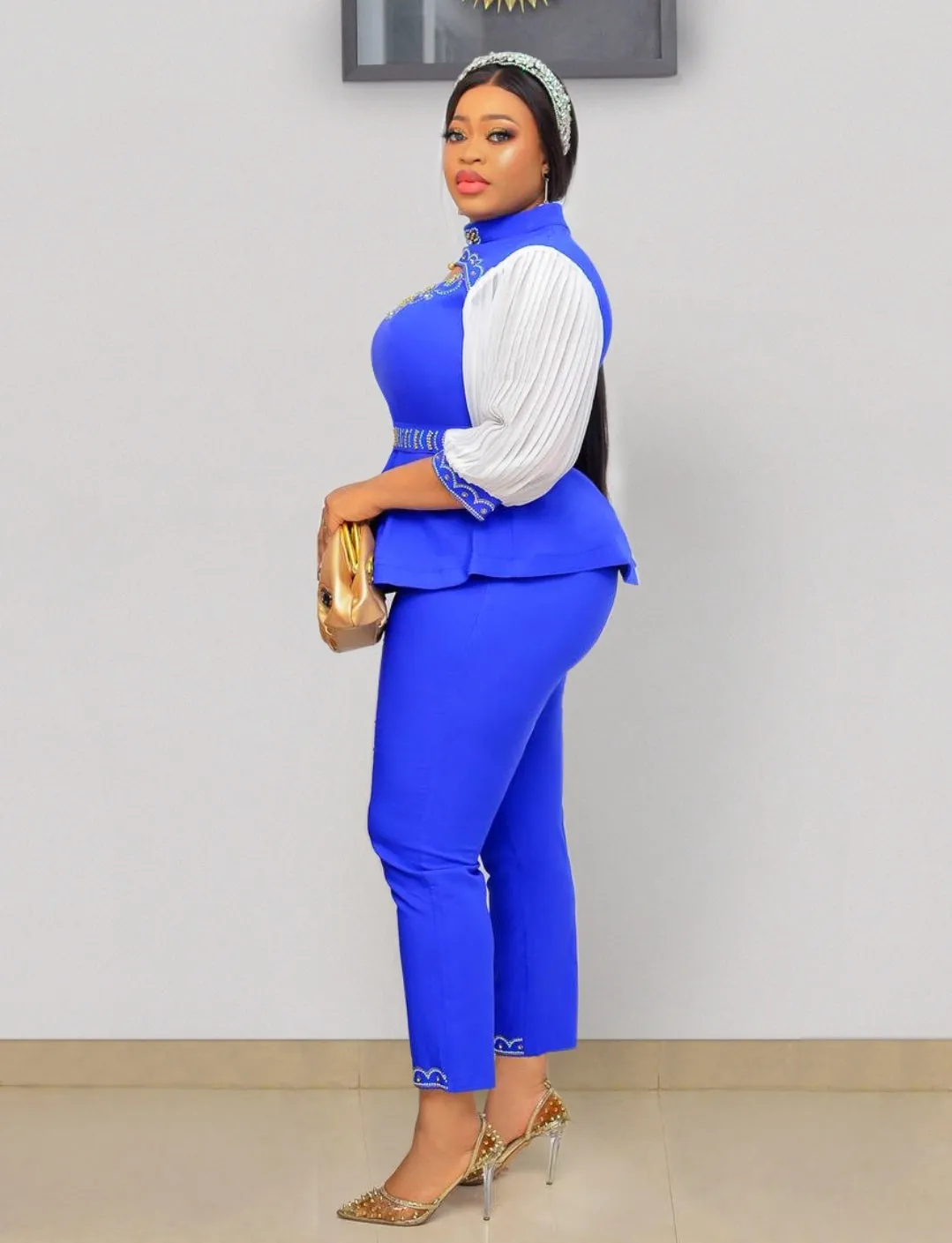 Briana Embellished- 3pcs Gemstone Blouse/Belt/Pant Set (NEW!)