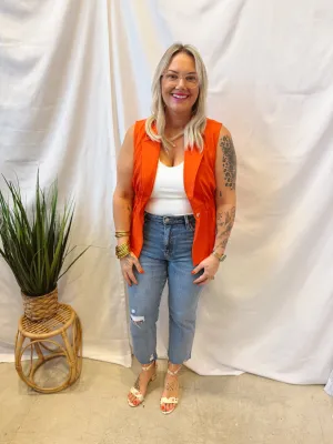 Bright Coral Notched Collar Peplum Vest