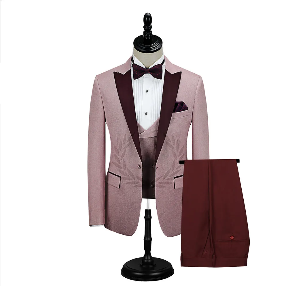 Burgundy Peak Lapel Men's Prom Suits Latest Pink One Button Wedding Tuxedos