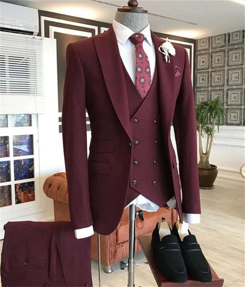 Burgundy Peaked Lapel Three Pieces Men's Suit
