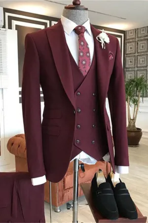 Burgundy Peaked Lapel Three Pieces Men's Suit