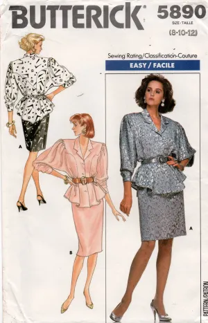 Butterick 5890 Womens Big Sleeved Blouse & Skirt 1980s Vintage Sewing Pattern Size 8 - 12 UNCUT Factory Folded