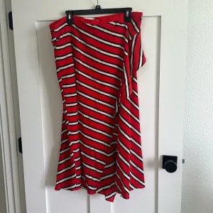 Calvin Klein Women's 14 Flared Midi Skirt Red Stripe Asymmetrical Ruffle New
