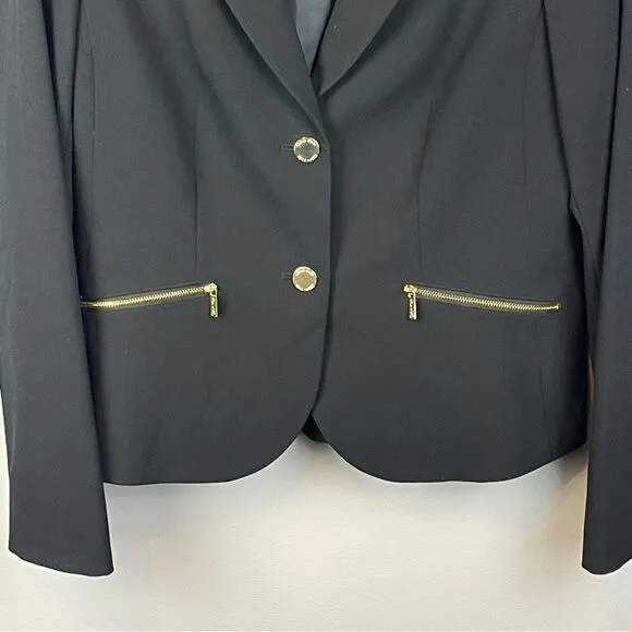 Calvin Klein Blazer Black Two Button Jacket Gold Zippered Pockets Fitted Size 8