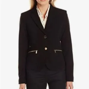 Calvin Klein Blazer Black Two Button Jacket Gold Zippered Pockets Fitted Size 8